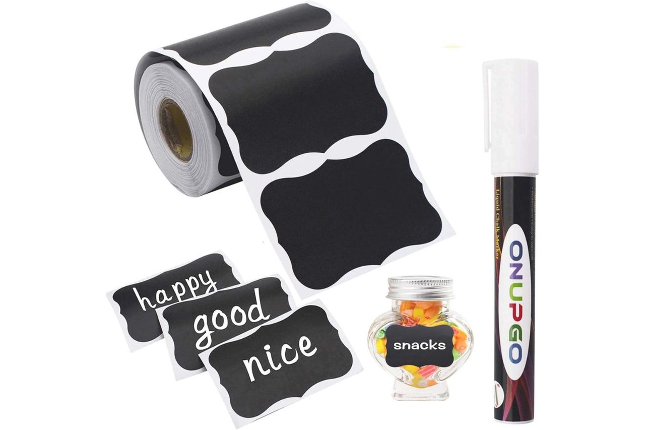 Chalkboard labels roll marker and examples on glass jar and cutouts