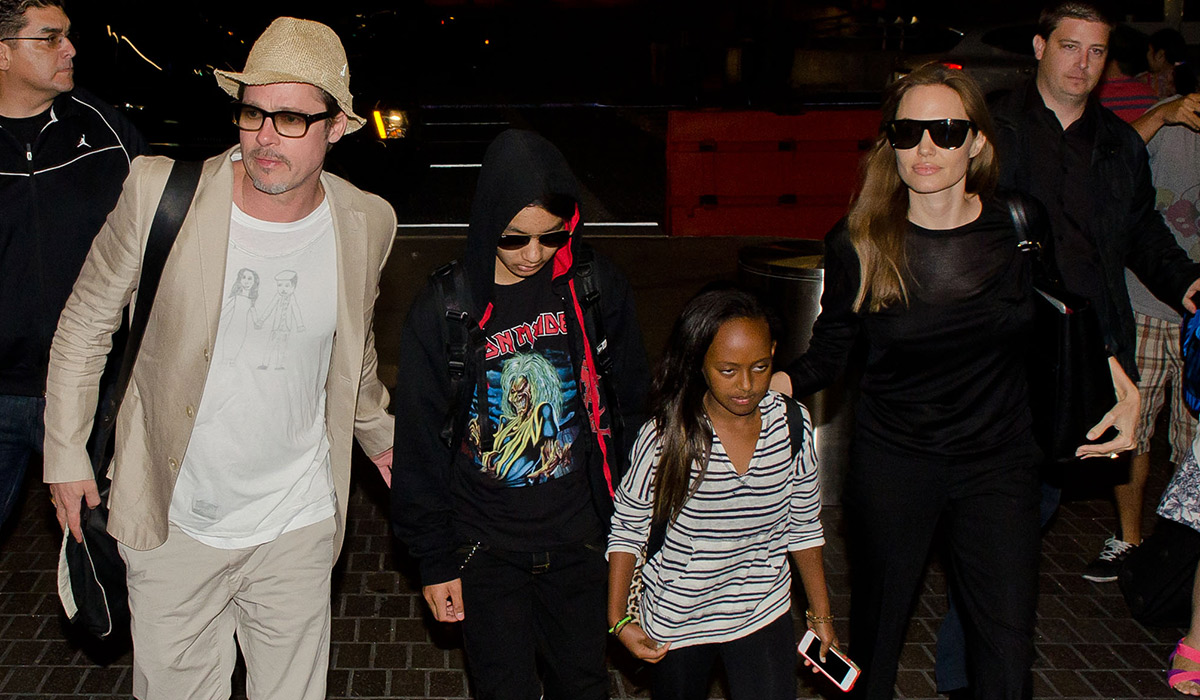 LOS ANGELES, CA - JUNE 06: Brad Pitt, Maddox Jolie-Pitt, Zahara Jolie-Pitt and Angelina Jolie are seen at LAX on June 06, 2014 in Los Angeles, California. (Photo by GVK/Bauer-Griffin/GC Images)