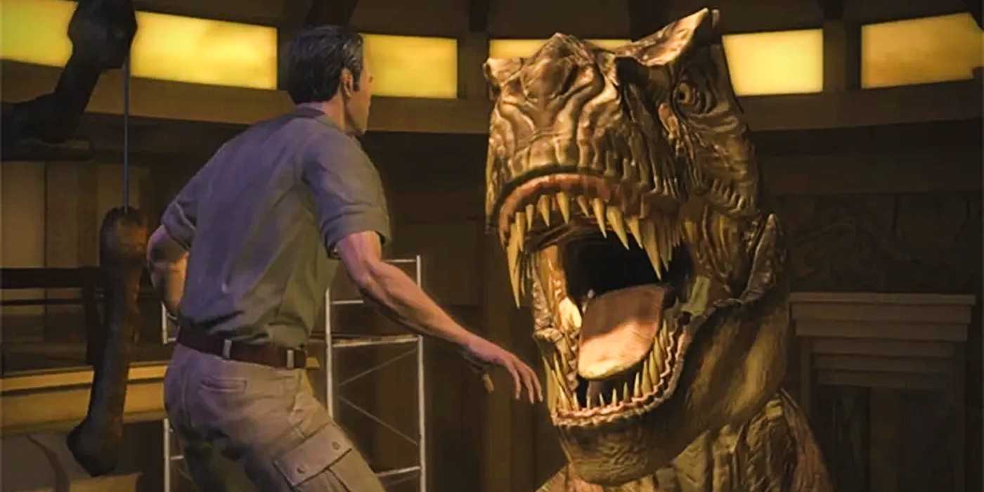 Gerry Harding confronts a T-Rex in Telltale's Jurassic Park: The Game