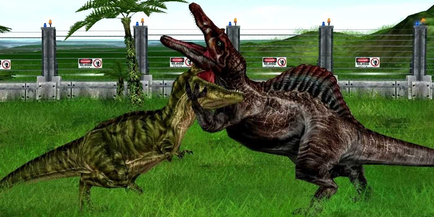 A T. Rex and Spinosaurus fight in Jurassic Park: Operation Genesis.
