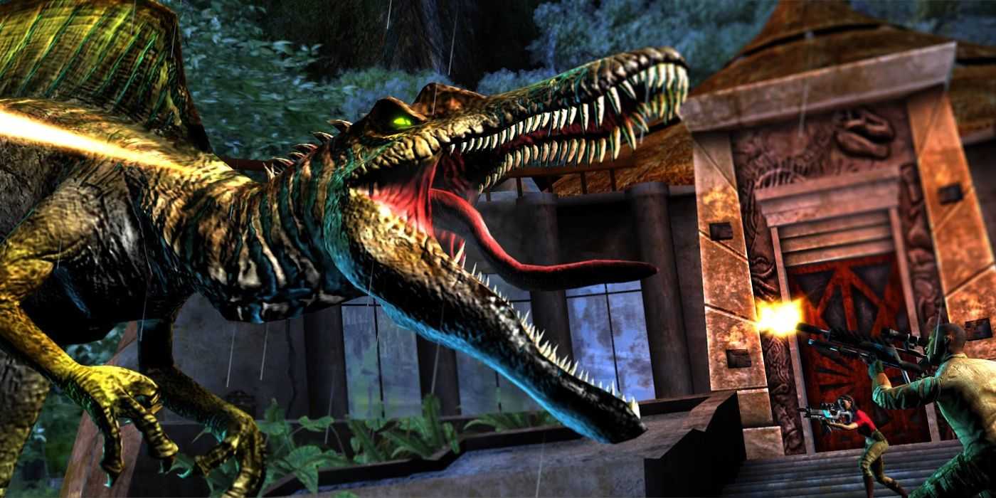 A Spinosaurus attacks outside the Visitor's Center in Raw Thrills' Jurassic Park Arcade Game.