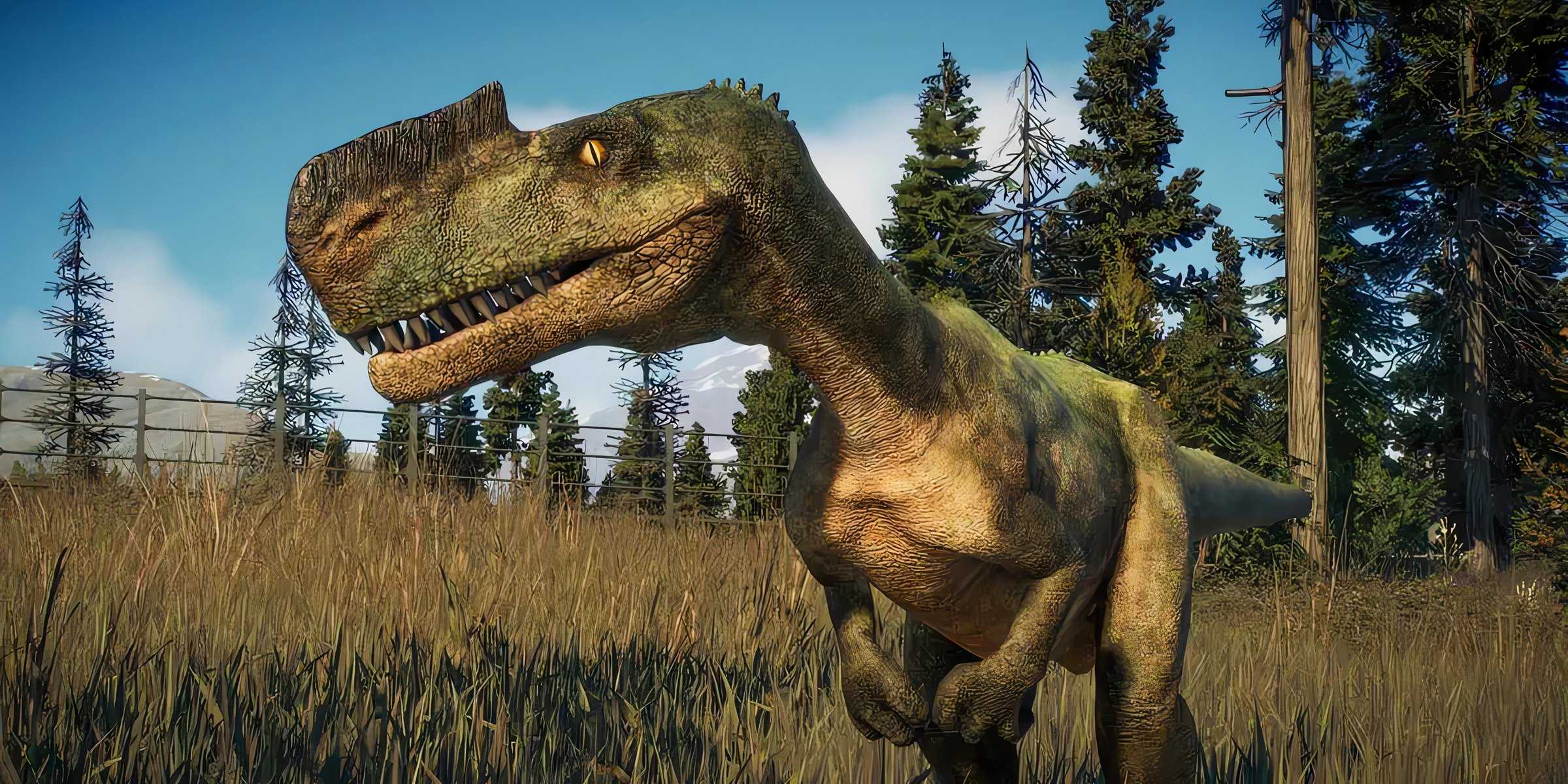 Monolophosaurus inside an enclosure in Jurassic World Evolution 2