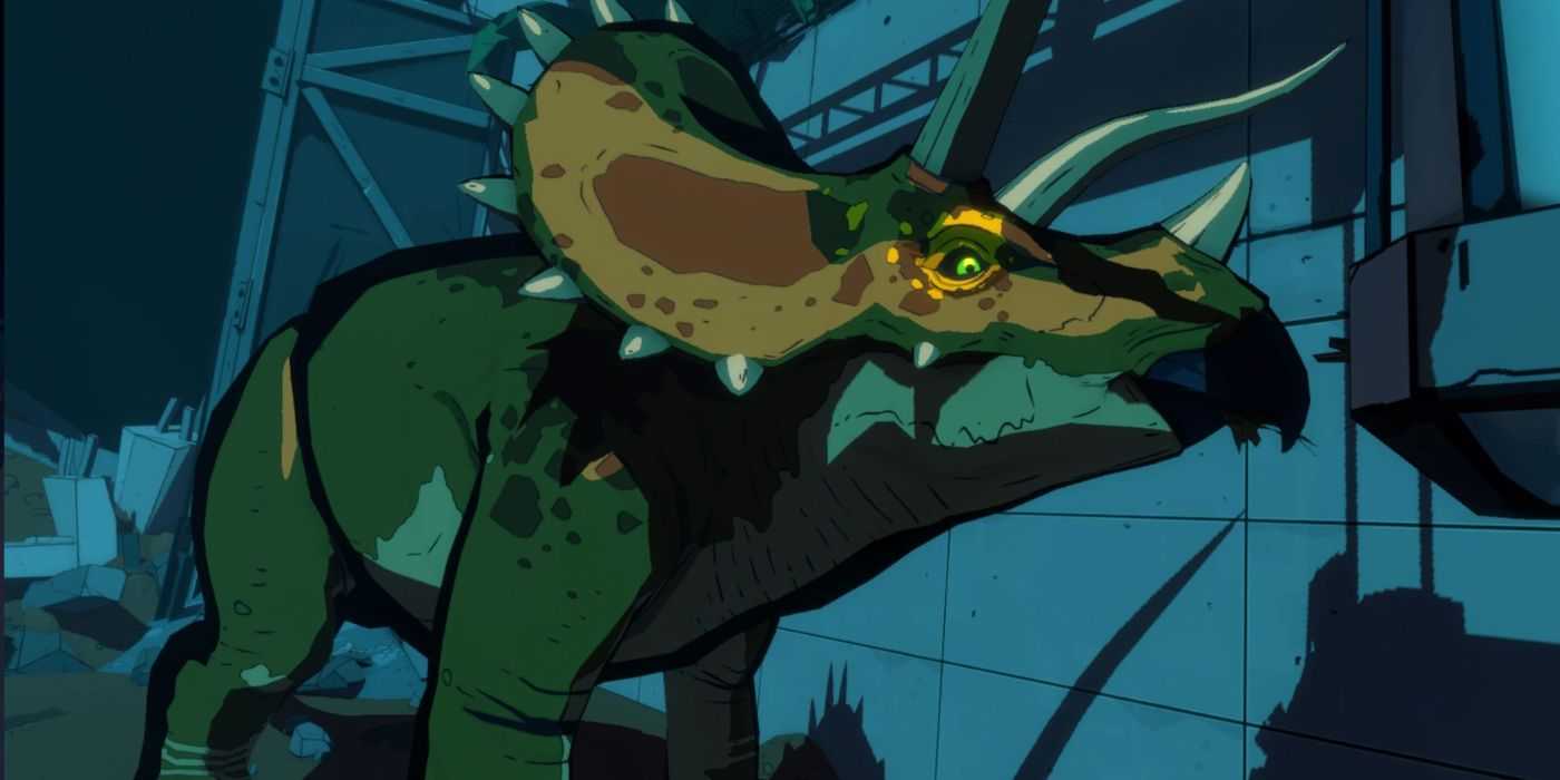 A Triceratops rampages through the ruins of Jurassic World in Jurassic World: Aftermath.