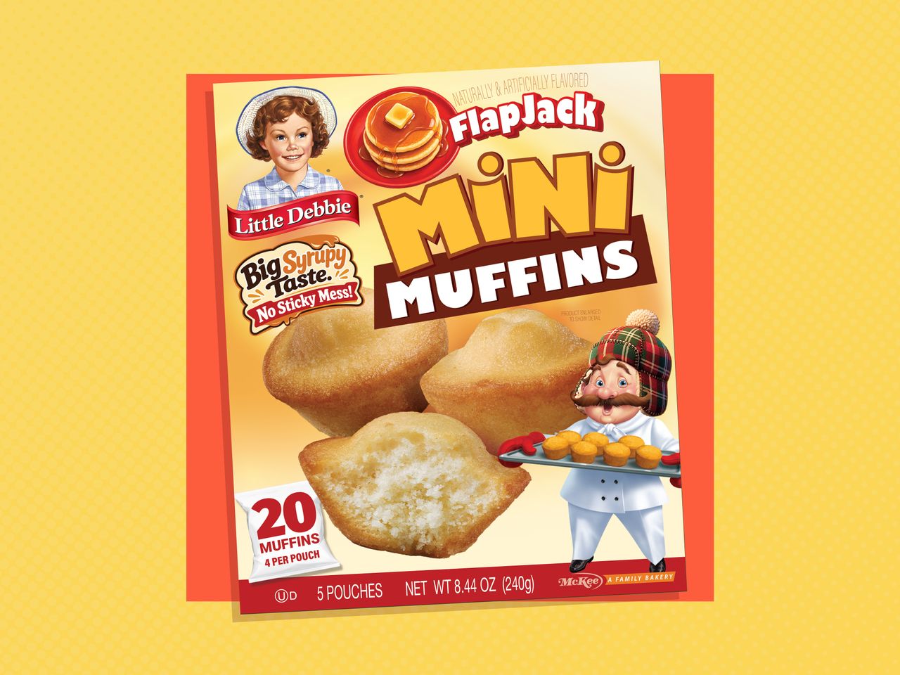 Box of Little Debbie Flapjack Mini Muffins on a yellow and orange background