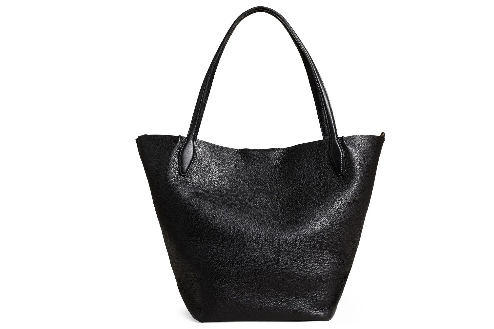 Black leather tote bag with subtle grain and a single curved handle.