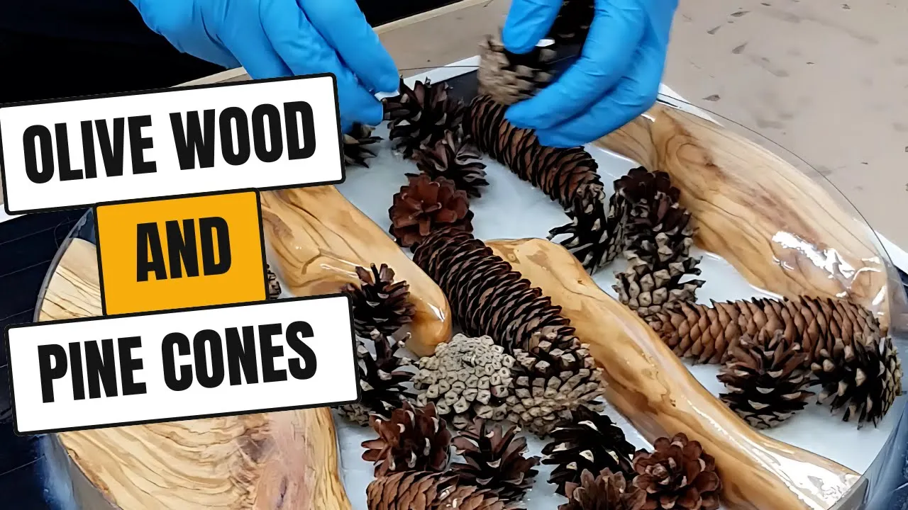 DIY crafting olive wood & resin wall clock with pine cones