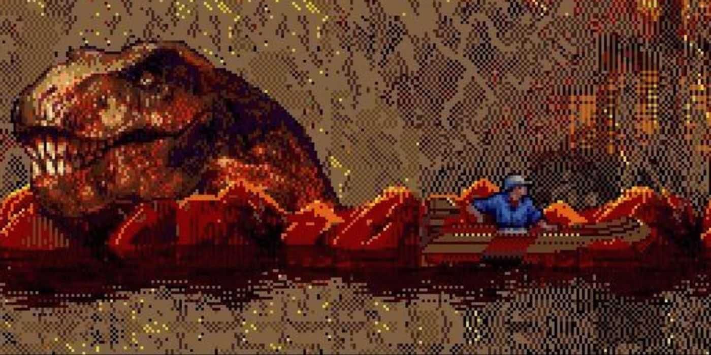 Alan Grant rafts past a Tyrannosaurus Rex in Sega's Jurassic Park: Rampage Edition.