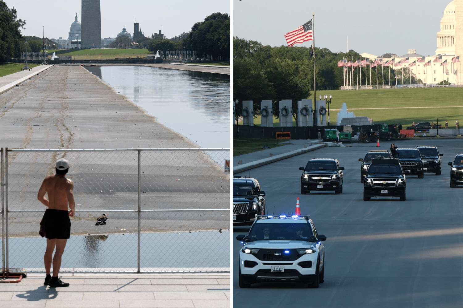 Can tire tracks be seen on bottom of Lincoln Reflecting Pool?