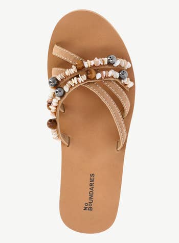 Beaded flip-flop sandal with shell accents on tan sole, designed by No Boundaries, suitable for casual summer wear