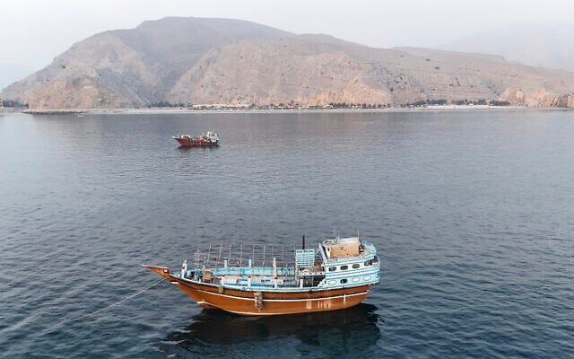 This aerial photograph shows boats anchored off Oman’s northern Musandam Peninsula near the Strait of Hormuz on June 27, 2026 (AFP)