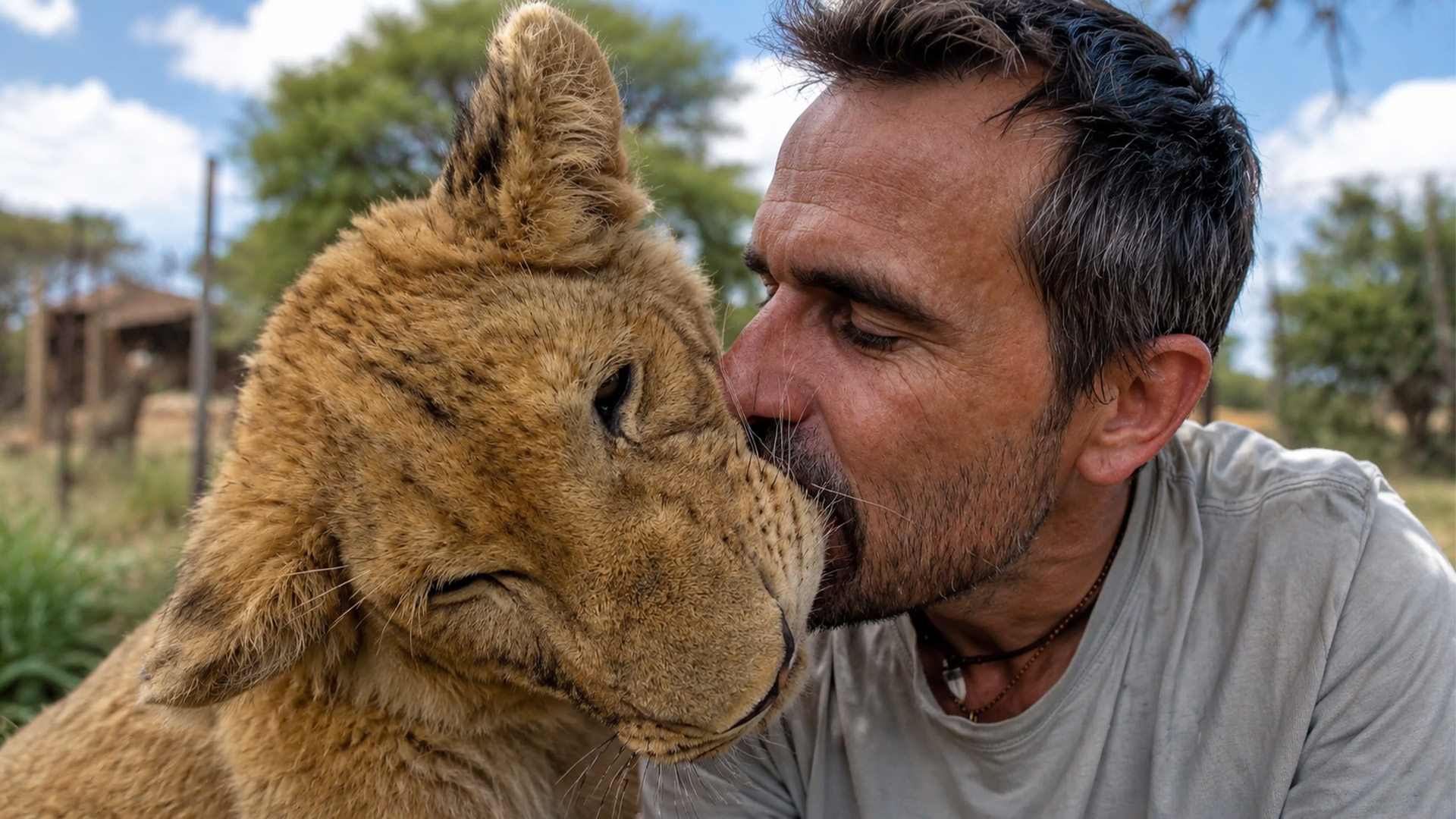 The rescued lion cub with cloudy eyes