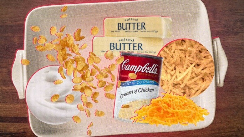 Collage image of butter sticks, shredded cheese, campbells chicken soup, corn flakes, and sour cream over a white casserole dish