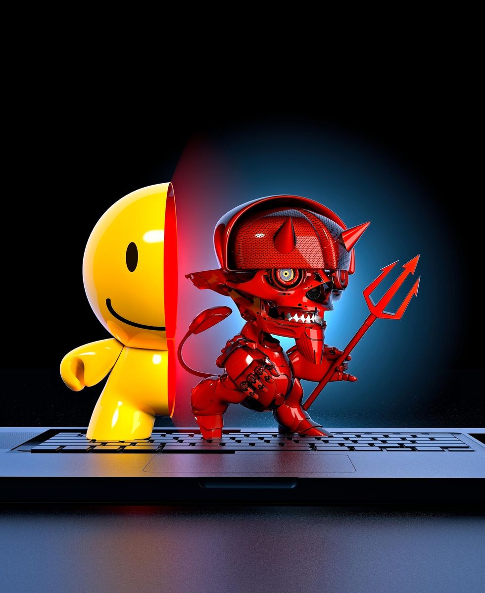 Smiling yellow avatar reveals red robotic devil with trident emerging from laptop keyboard