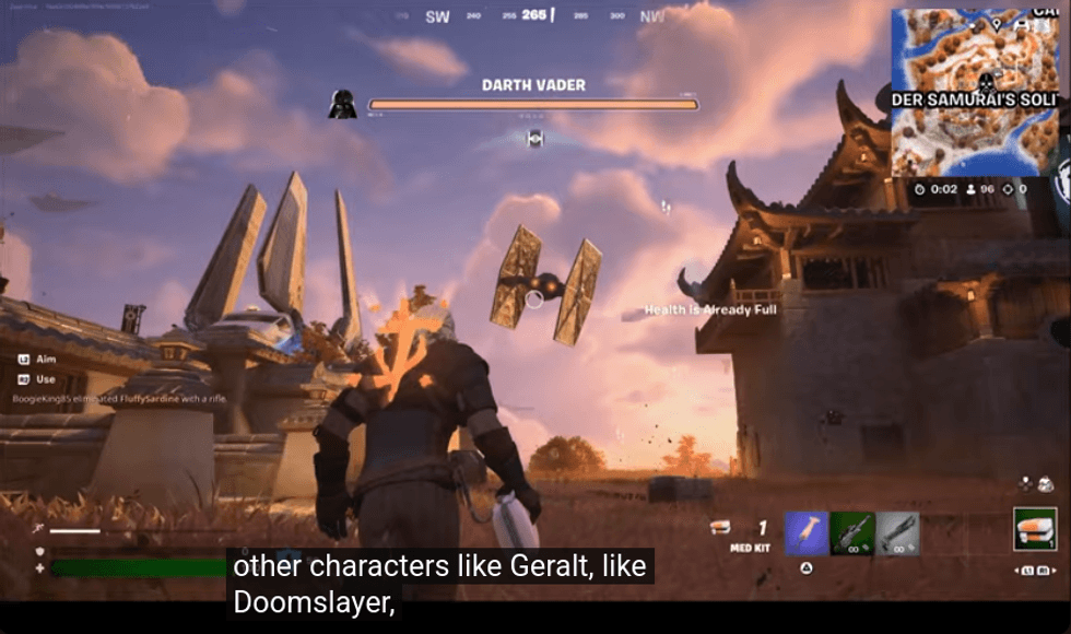 Fortnite player aiming at a TIE fighter with Darth Vader health bar above the sky
