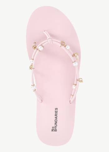 Pink sandal with pearl-like beads on strap, branded