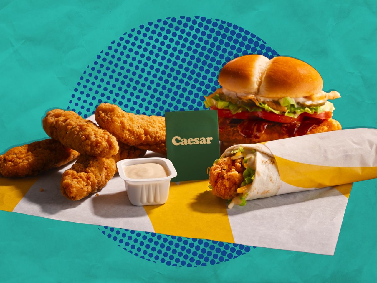 Bacon Caesar McCrispy, Caesar Snack Wrap, and McCrispy Strips with Caesar Sauce on a blue and teal background