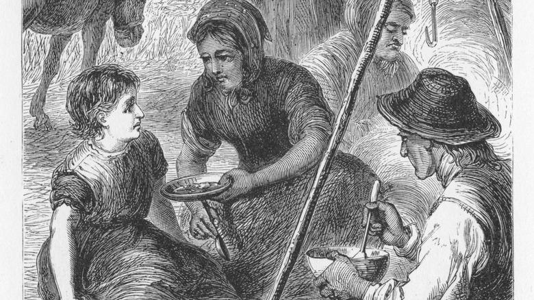 An old illustration of a family serving out stew outdoors