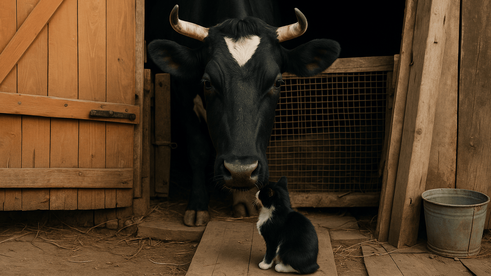 Cow and kitten meeting at a barn door