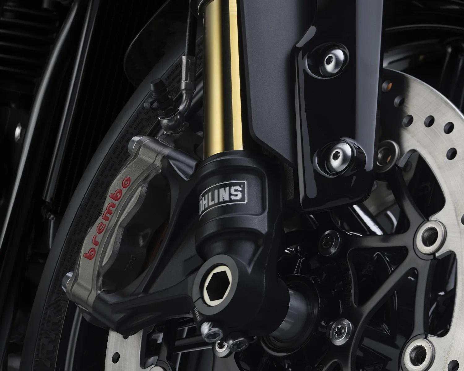 Close-up of a motorcycle front brake system featuring a Brembo caliper, Öhlins suspension fork, and drilled brake disc.