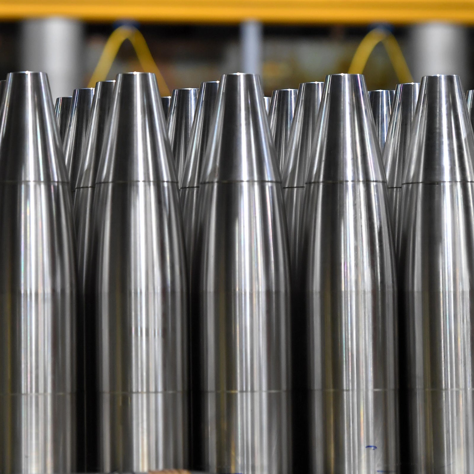 File: Unfinished mortars seen lined up before being painted. U.S. Senator. Dave McCormick and U.S. Rep. Rob Bresnahan toured the General Dynamics' plant in Scranton.