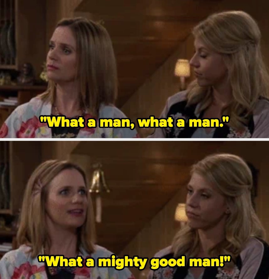 Two women on a sitcom set exchange expressions. Captions read: "What a man, what a man." "What a mighty good man!"