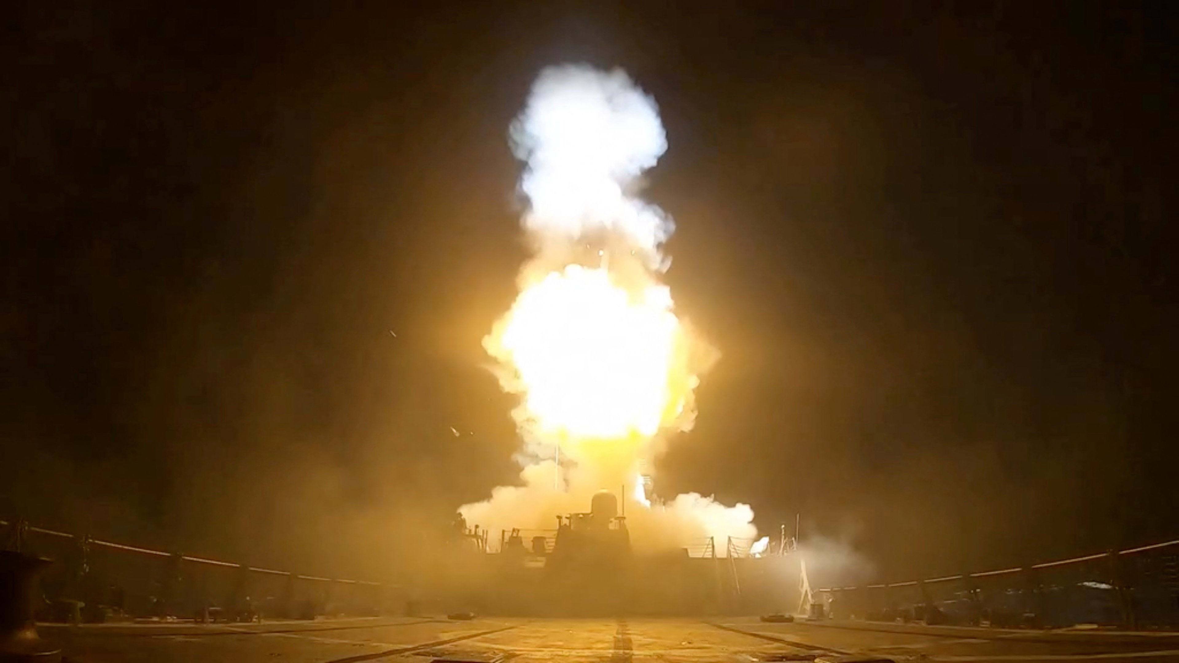A projectile is fired during what the U.S. Central Command (CENTCOM) said was a third round of strikes this week against Iran, in this screen grab taken from a handout video released on July 11, 2026.