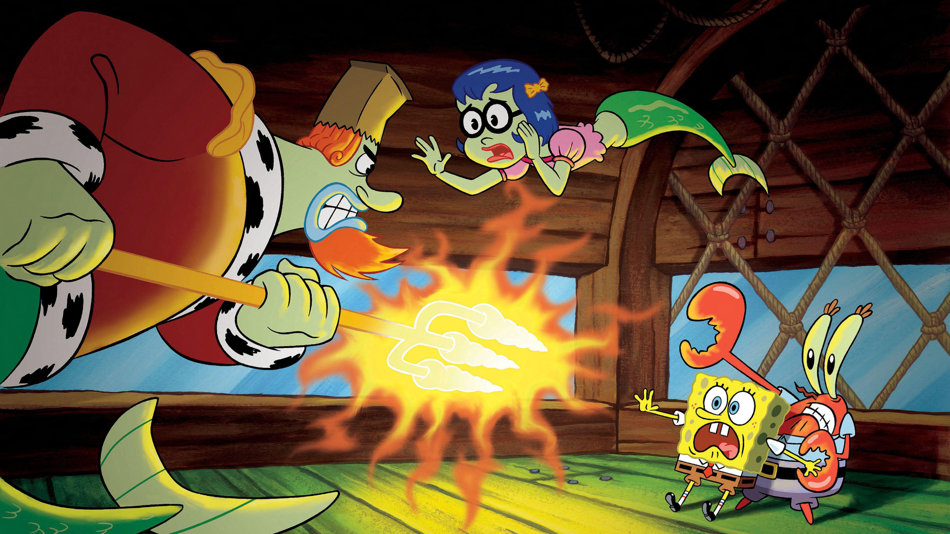 King Neptune, Princess Mindy, SpongeBob and Mr. Krab in The SpongeBob SquarePants Movie