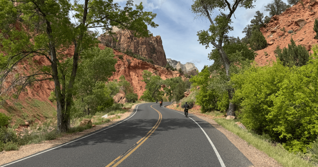 ebikers on the main road trough zion national park in utah