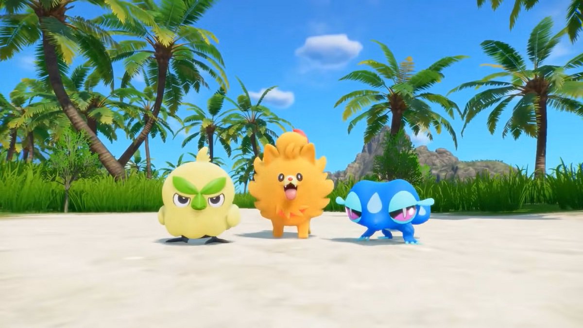 Pokemon Winds and Waves three starter pokemon stood in a row on a beach