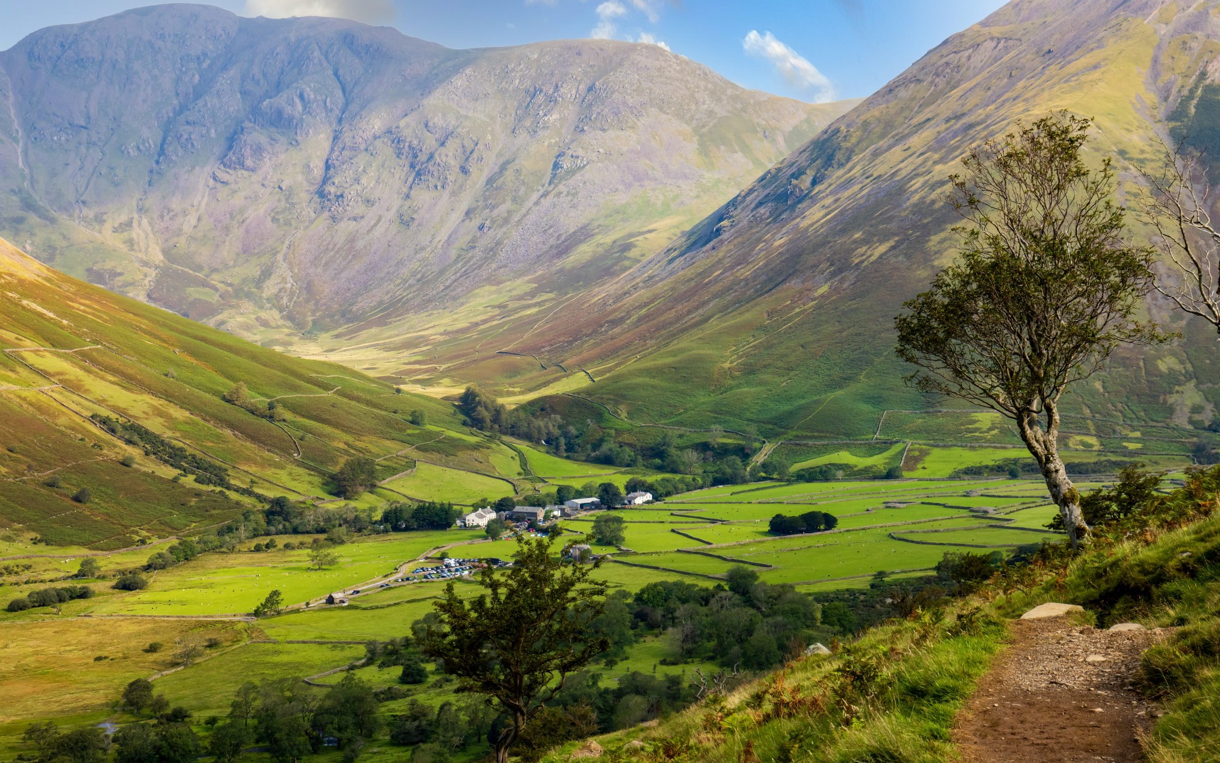 Beautiful countryside at Wasdale Head and the start of Scafell Pike hike in England's Lake District