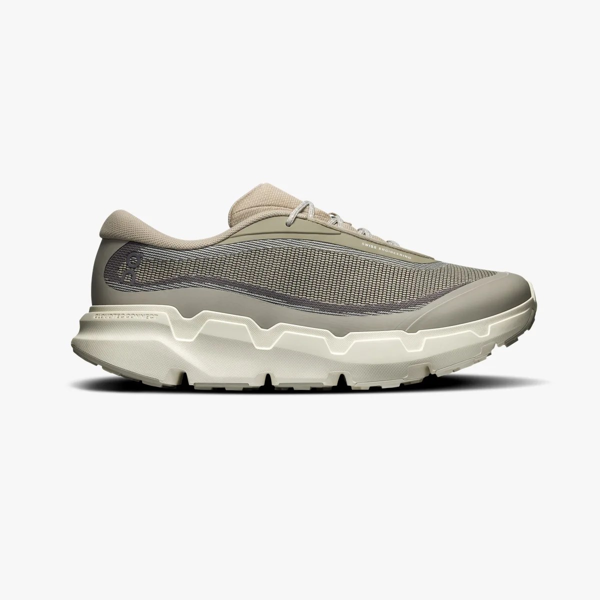 Beige and gray mesh athletic shoe with thick white sole and "Swiss Engineering" text on side.