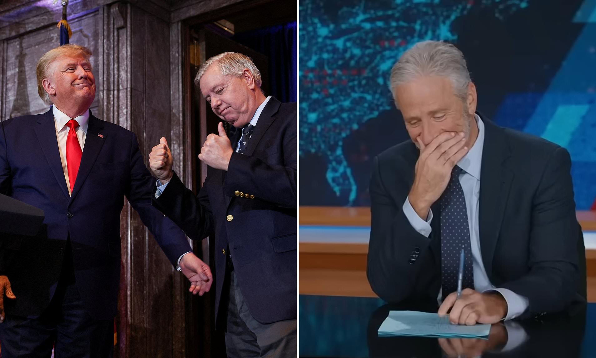 Jon Stewart laughs at Fox & Friends host trying to stop Trump rant during Lindsey Graham tribute