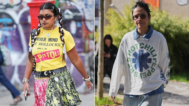 A woman wearing a band T-shirt, and one wearing a band sweatshirt