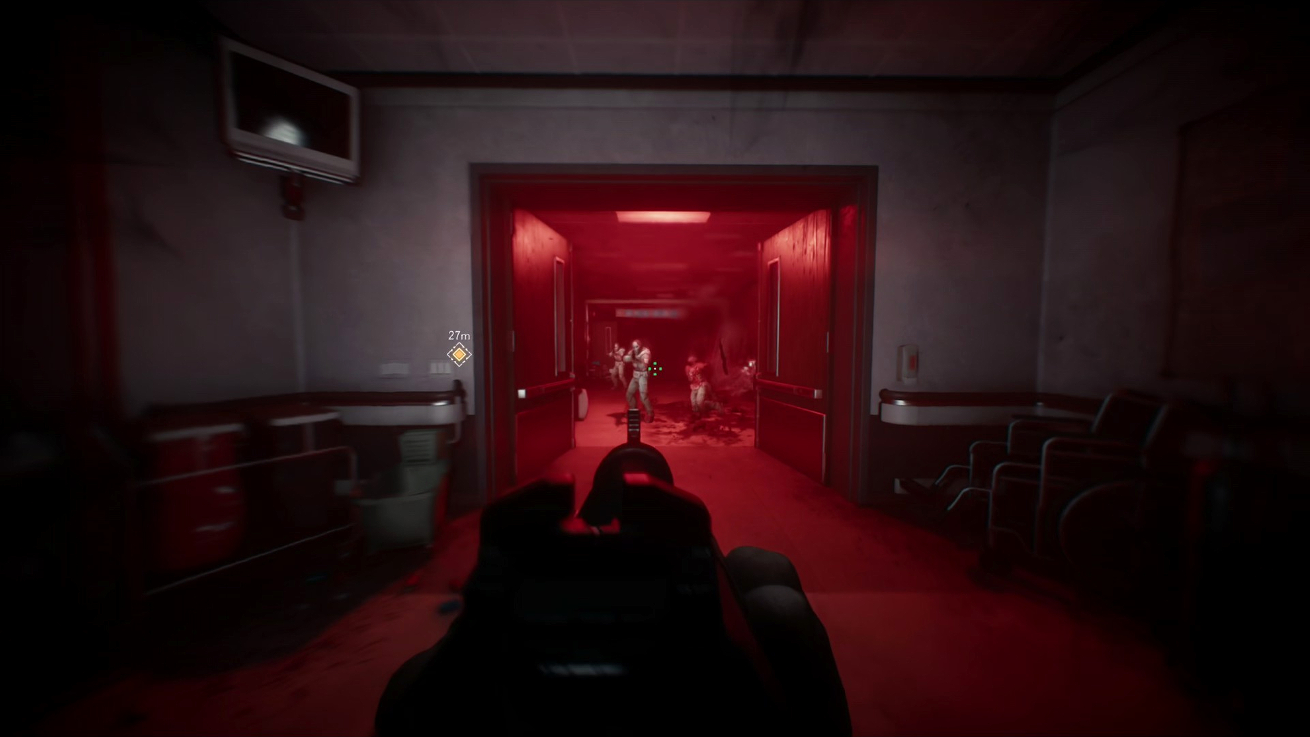 Doom: The Dark Ages - A first-person screenshot of gameplay showing the Doom Marine holding a shotgun, firing at soldiers inside a hospital hallway.