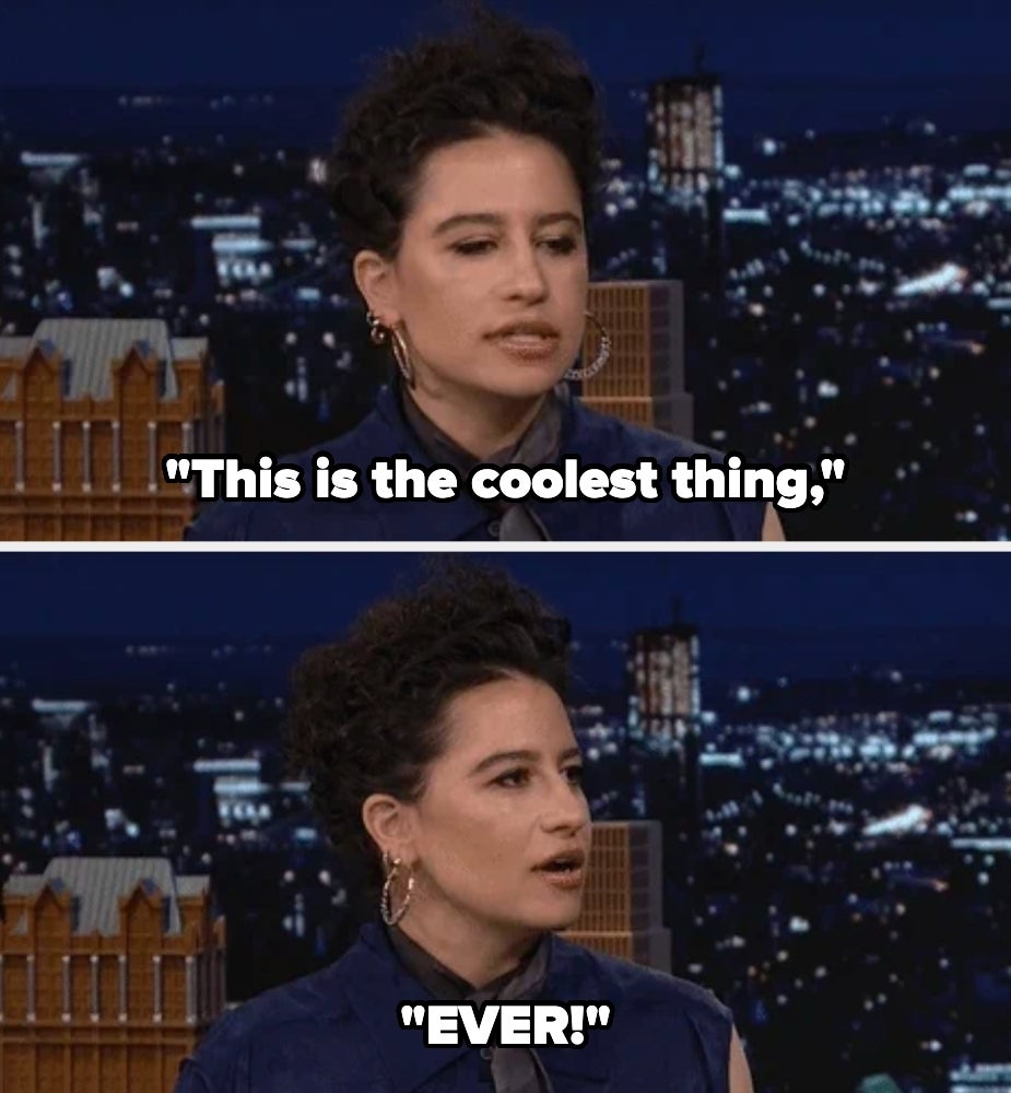 Two-panel image of a woman on a talk show set, saying "This is the coolest thing" in the first panel and "EVER!" in the second