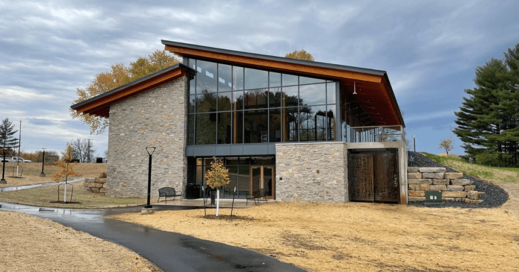 Modern stone pavilion and event space building at Plamann Park, Wisconsin