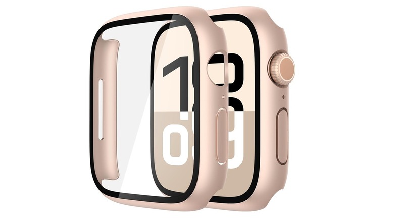 The Misxi tempered glass case and an Apple Watch, on a white background.