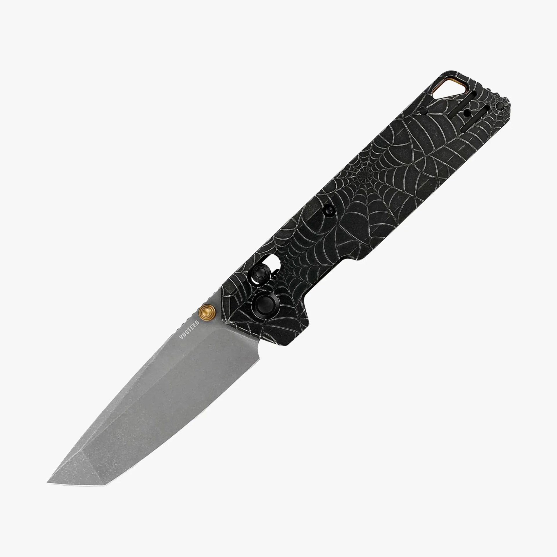 Knife with a stonewashed blade and black handle featuring a spiderweb pattern.