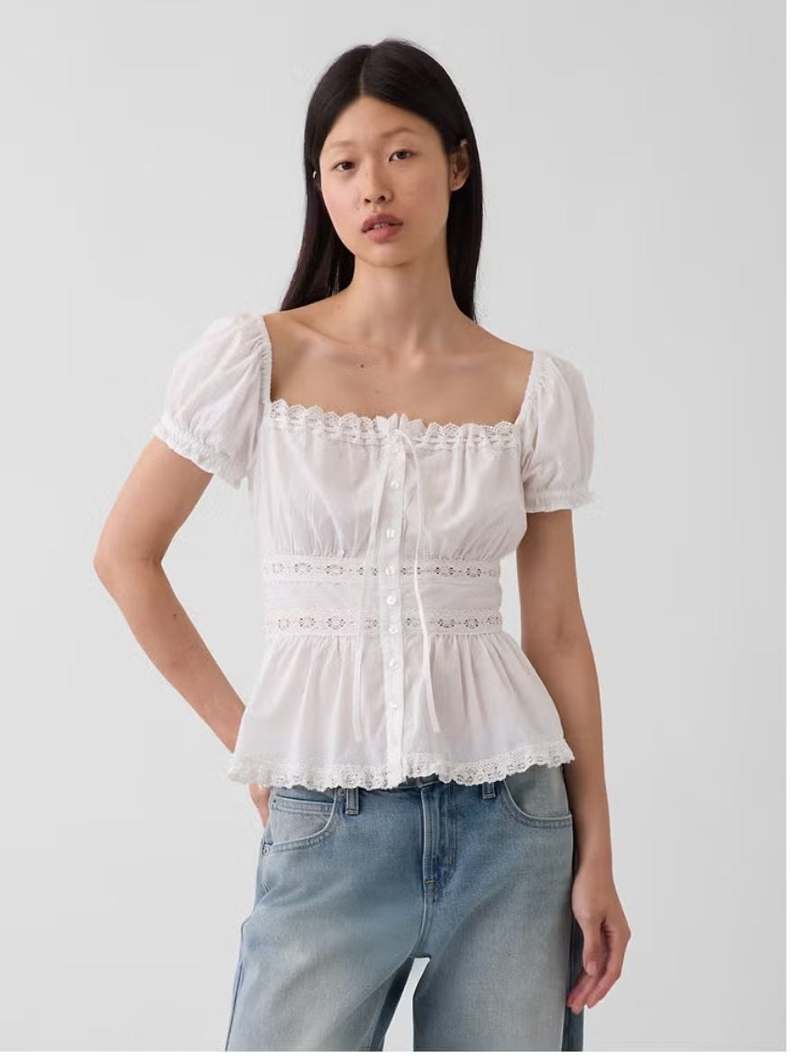 Gap Square-Neck Lace-Trim Peplum Top