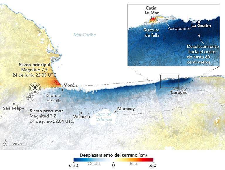El desplazamiento de la superficie fue más intenso cerca de Caracas y La Guaira, Venezuela, tras los terremotos que sacudieron la región. Foto: Observatorio de la Tierra de la NASA / Lauren Dauphin