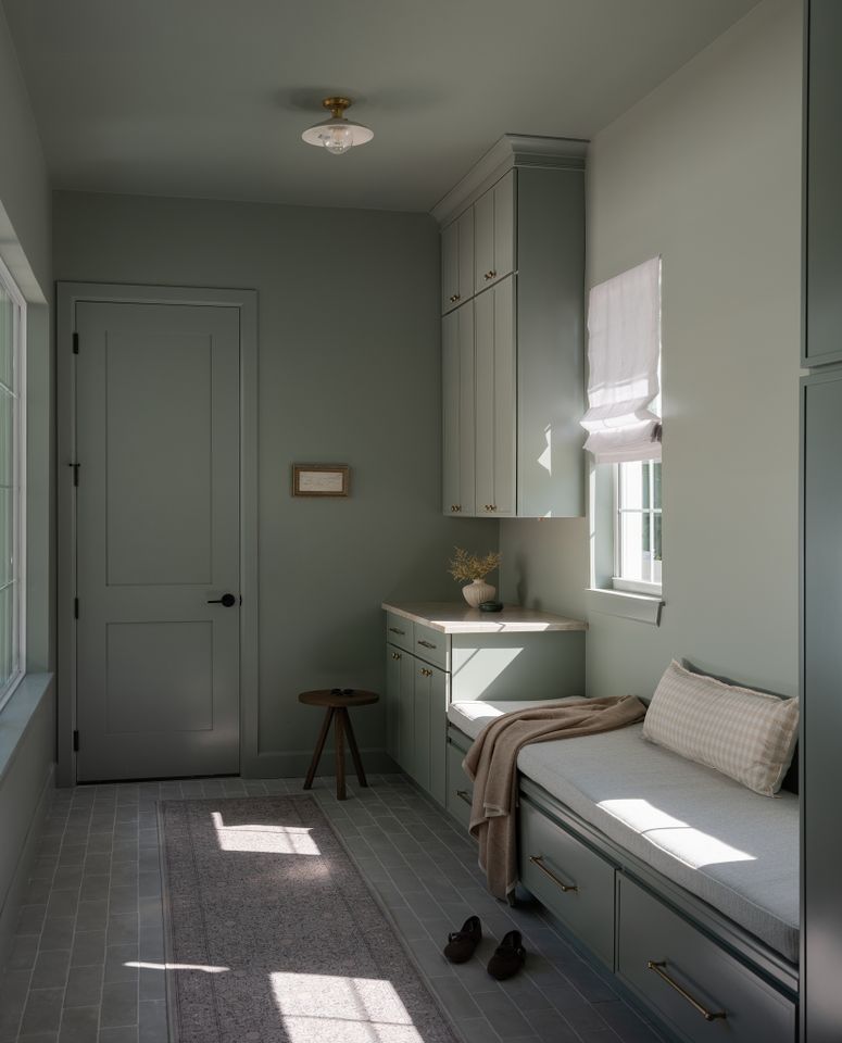 Green color-drenched mudroom