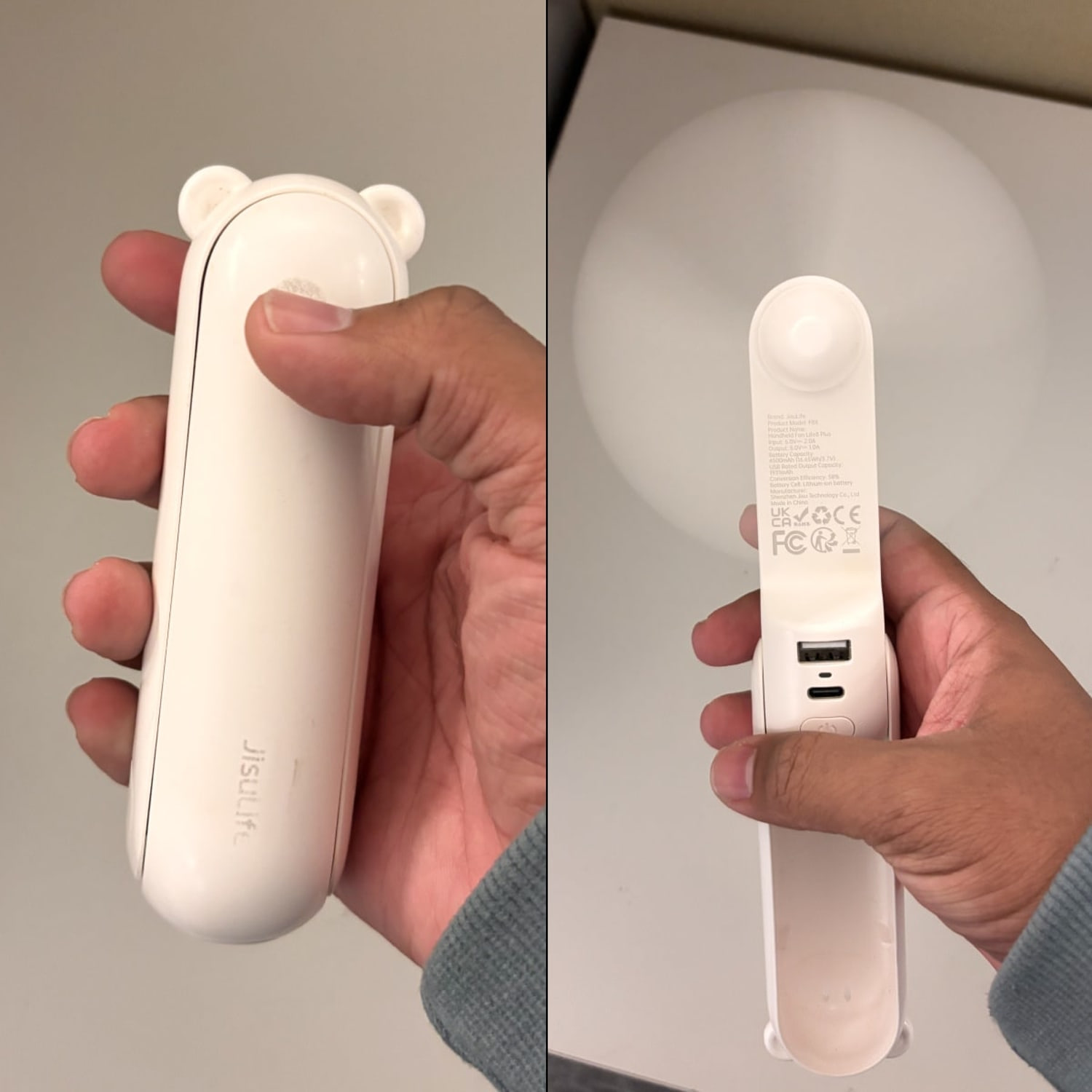 Person holding white Jisulife handheld fan in their right hand. (Courtesy Cory Fernandez)