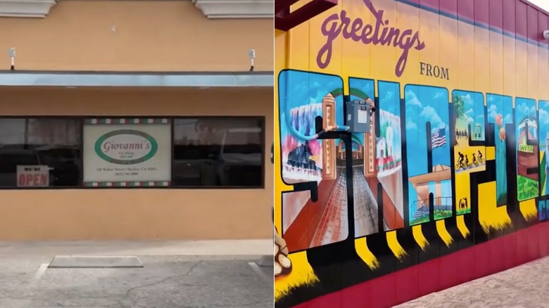 Side by side image of Giovanni's restaurant and a mural in Shafter, CA