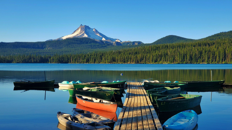 Rowboats and Kayaks Docked at Olallie Lake Resort with a Stunning View of Mount Jefferson in the Oregon High Cascades