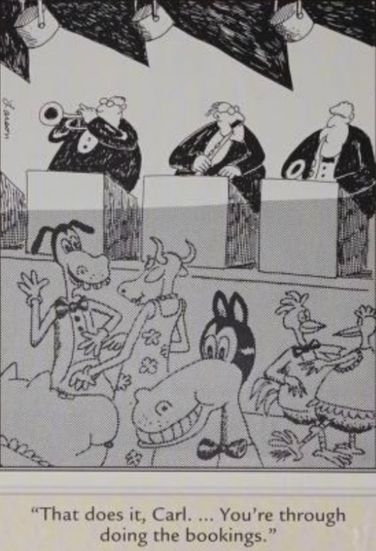 Musicians play on a bandstand while cartoon characters dance in The Far Side.