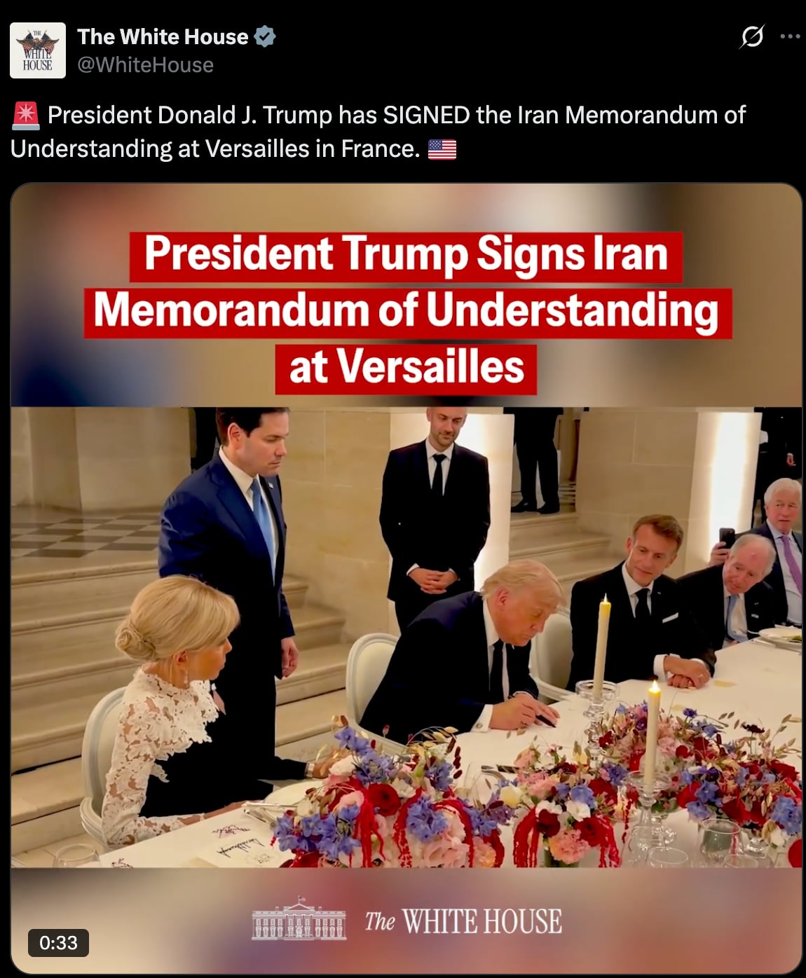 Trump signed the MOU for the Iran deal in Versailles last month. / White House/X