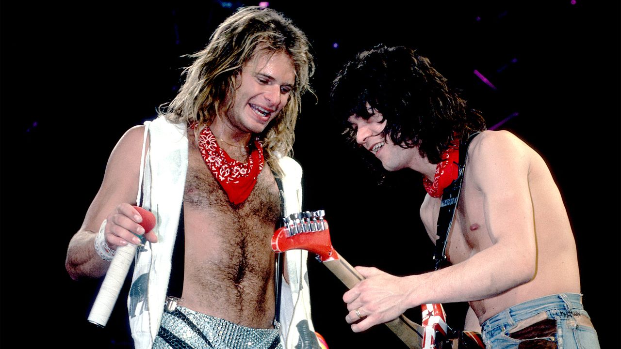 David Lee Roth and Eddie Van Halen (1955 - 2020), both of the group Van Halen, perform onstage at the Jacksonville Coliseum, Jacksonville, Florida, January 18, 1984.