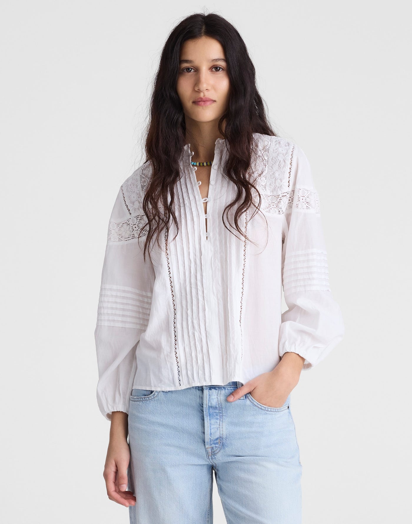Madewell Ruffled High-Neck Pintuck Blouse