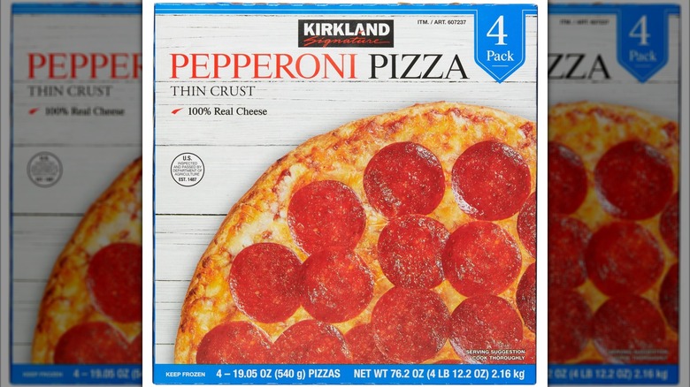 Box of Costco brand Kirkland Signature Pepperoni Pizza