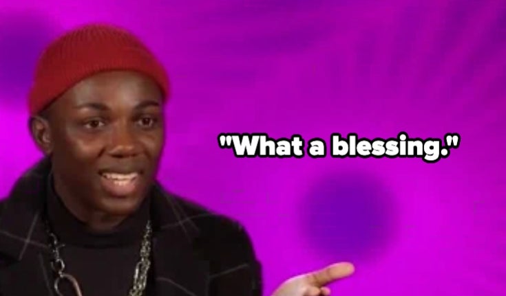 Person in red hat gesturing, text: "What a blessing."